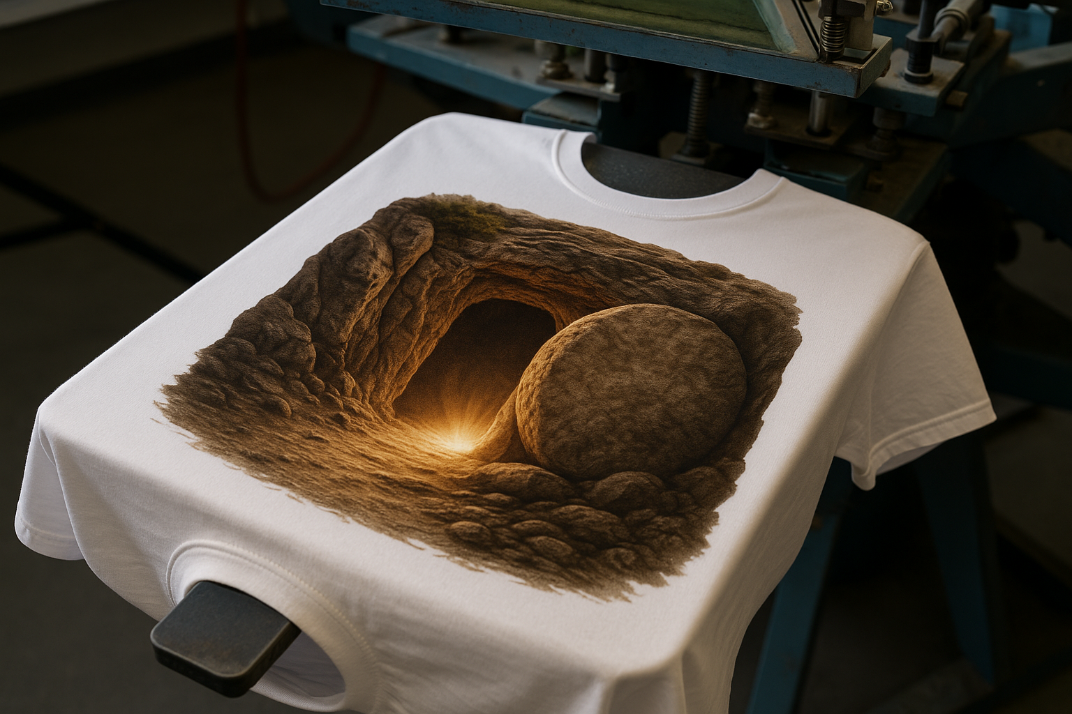 a t-shirt being printed and the t-shirt has an image of jesus tomb 
