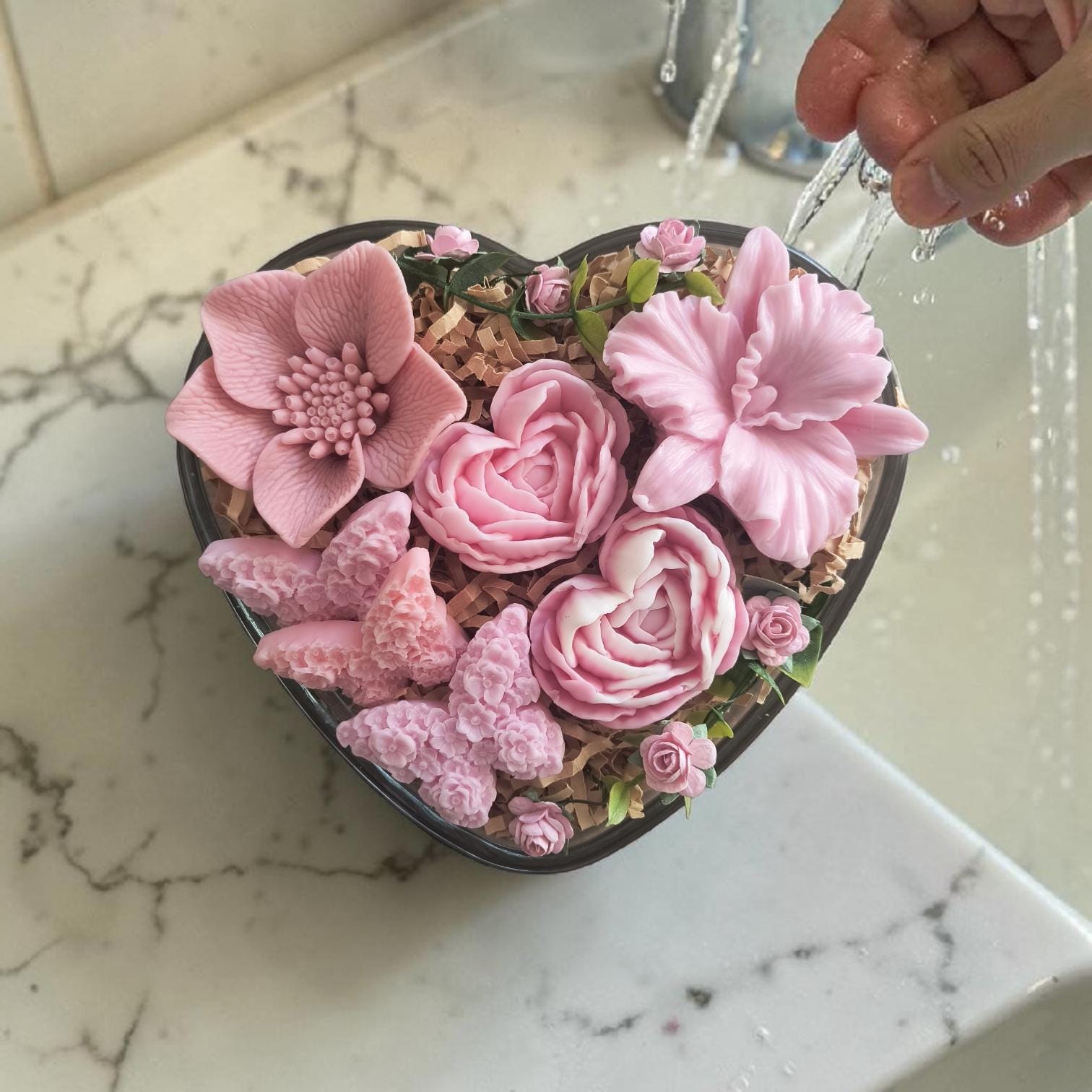 Blush Pink Floral Soap Gift in Heart Bowl, Handmade Flower Soap Arrangement, Luxury Gift, Bridal Shower Gift, Spa Gift for Her