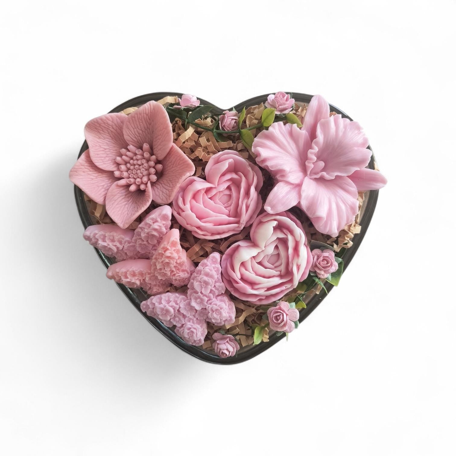 Blush Pink Floral Soap Gift in Heart Bowl, Handmade Flower Soap Arrangement, Luxury Gift, Bridal Shower Gift, Spa Gift for Her