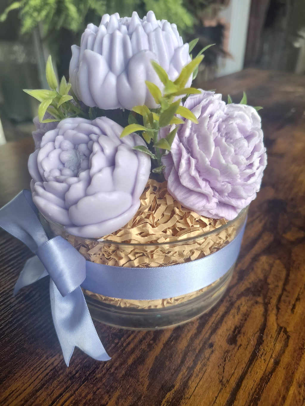 Lavender Soap Flower Arrangement in Acrylic Bowl, Handmade Floral Soap Gift, Bathroom Decor, Spa Gift for Her