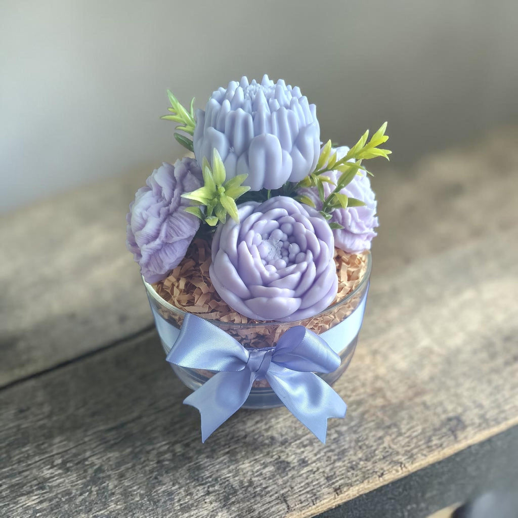 Lavender Soap Flower Arrangement in Acrylic Bowl, Handmade Floral Soap Gift, Bathroom Decor, Spa Gift for Her