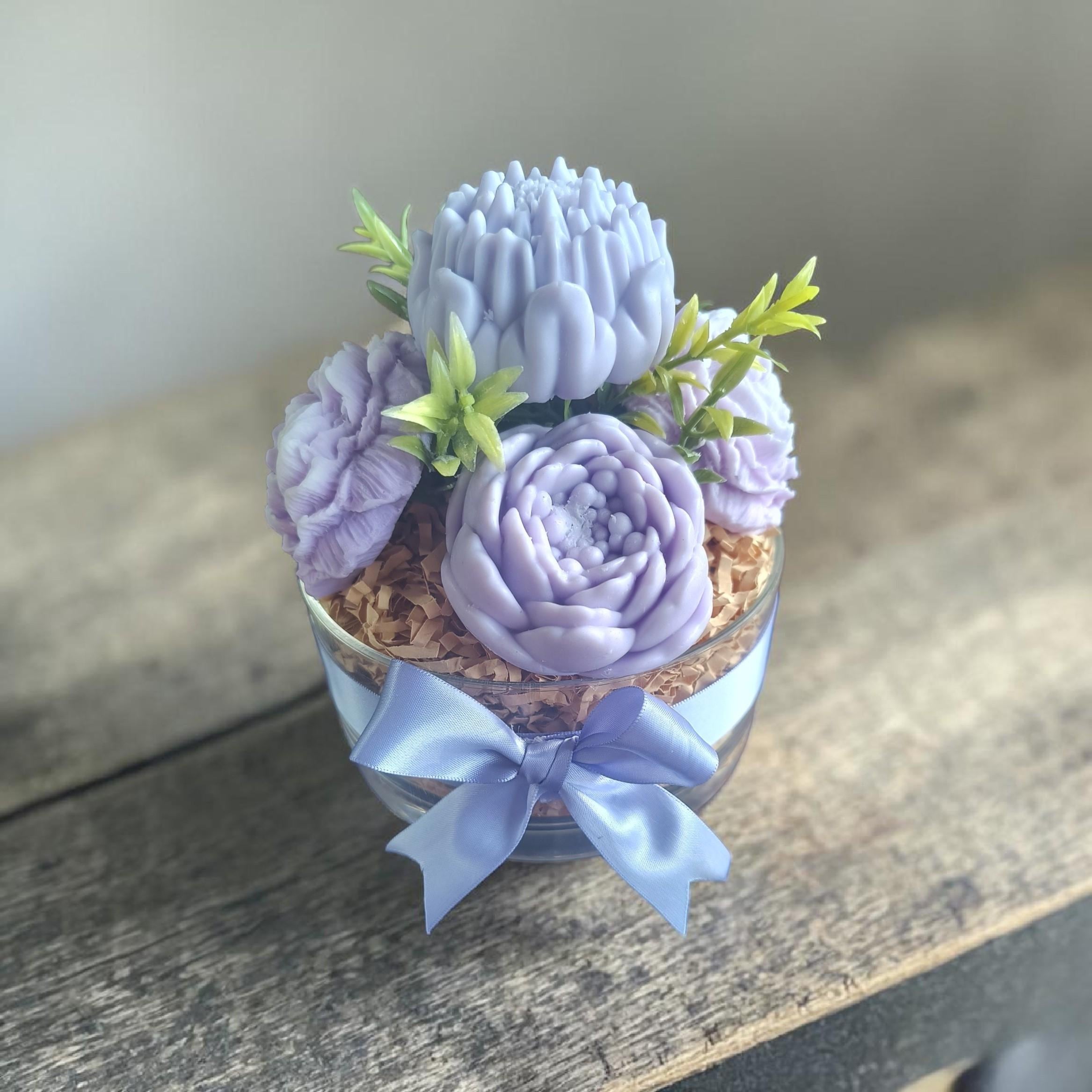 Lavender Soap Flower Arrangement in Acrylic Bowl, Handmade Floral Soap Gift, Bathroom Decor, Spa Gift for Her