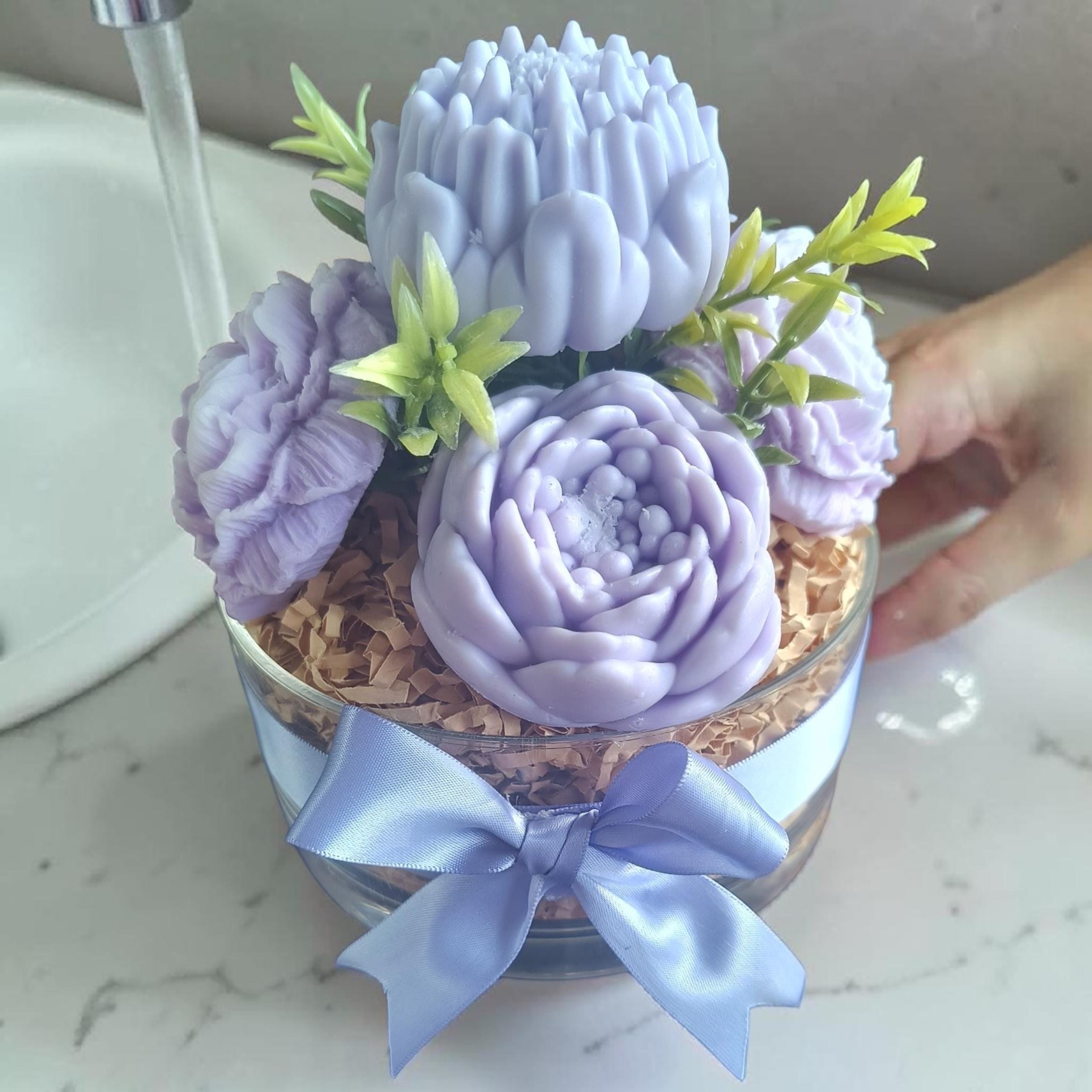 Lavender Soap Flower Arrangement in Acrylic Bowl, Handmade Floral Soap Gift, Bathroom Decor, Spa Gift for Her