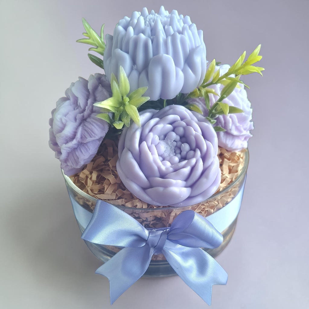 Lavender Soap Flower Arrangement in Acrylic Bowl, Handmade Floral Soap Gift, Bathroom Decor, Spa Gift for Her