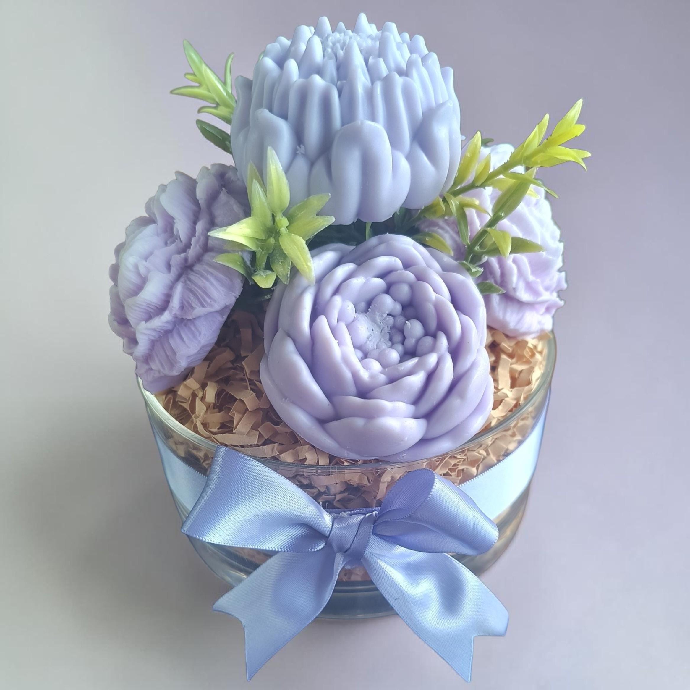 Lavender Soap Flower Arrangement in Acrylic Bowl, Handmade Floral Soap Gift, Bathroom Decor, Spa Gift for Her