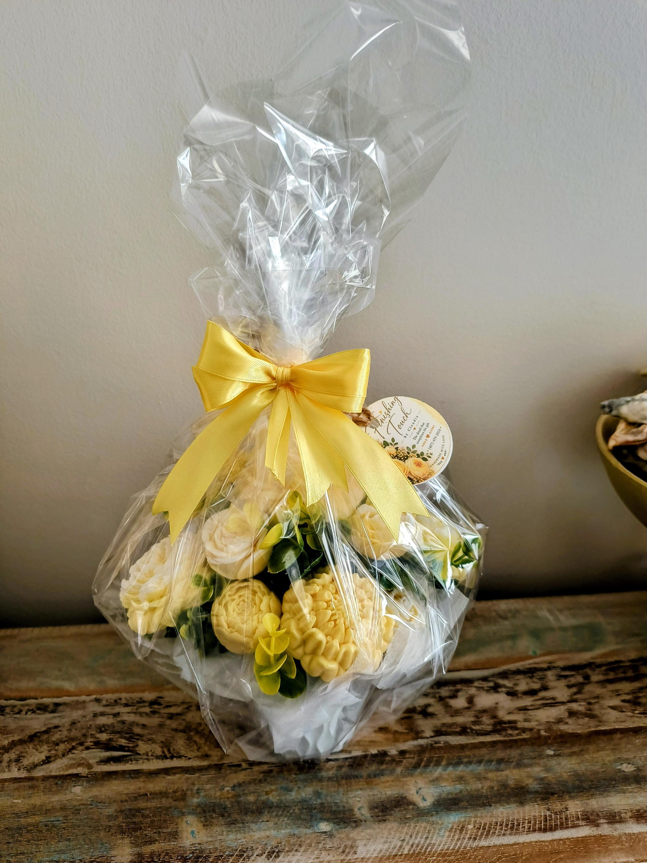 Yellow Soap Flower Bouquet, Handmade Floral Soap Gift, Yellow Rose Peony Soap Arrangement, Bathroom Soap Decor