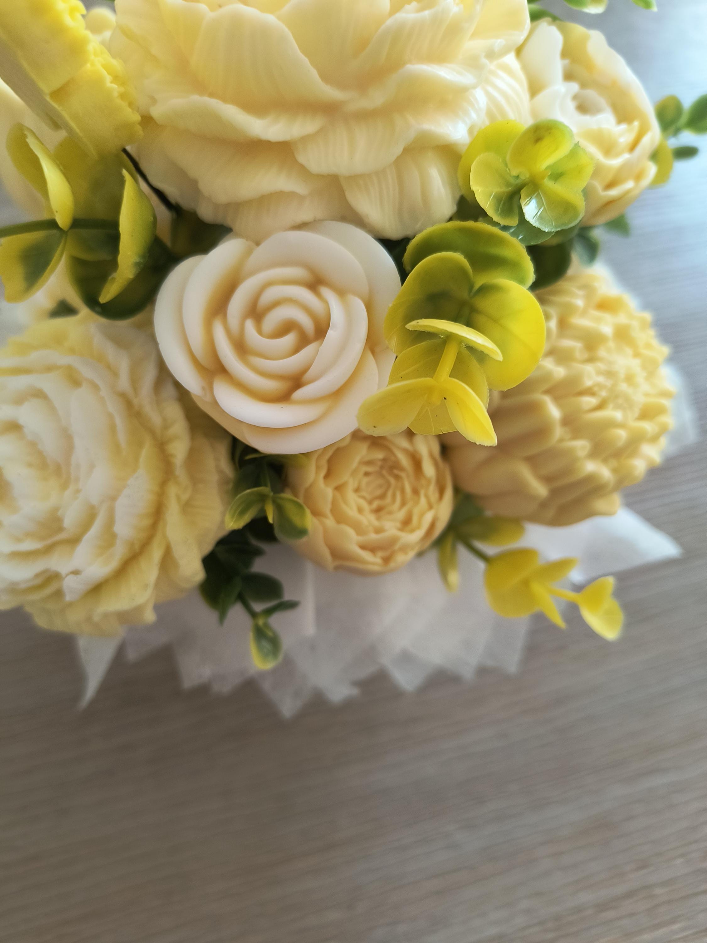 Yellow Soap Flower Bouquet, Handmade Floral Soap Gift, Yellow Rose Peony Soap Arrangement, Bathroom Soap Decor
