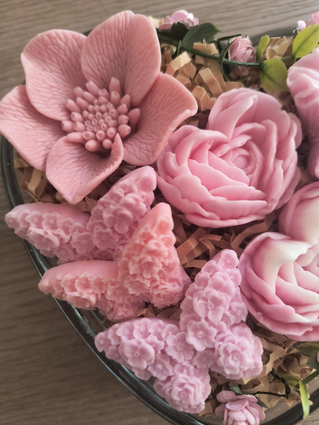 Blush Pink Floral Soap Gift in Heart Bowl, Handmade Flower Soap Arrangement, Luxury Gift, Bridal Shower Gift, Spa Gift for Her