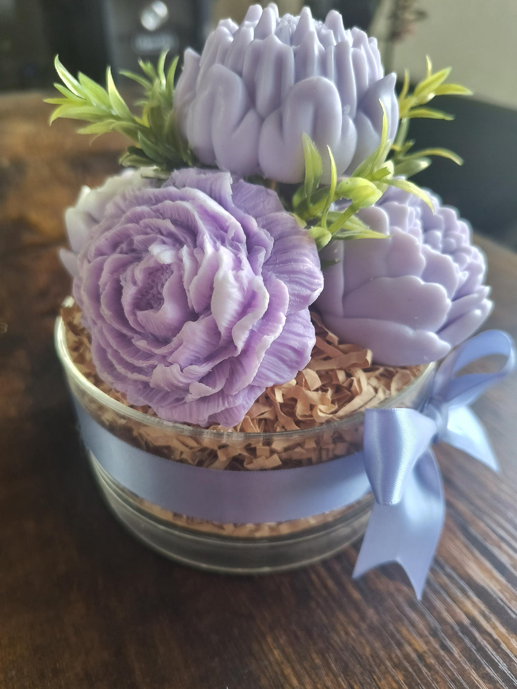 Lavender Soap Flower Arrangement in Acrylic Bowl, Handmade Floral Soap Gift, Bathroom Decor, Spa Gift for Her
