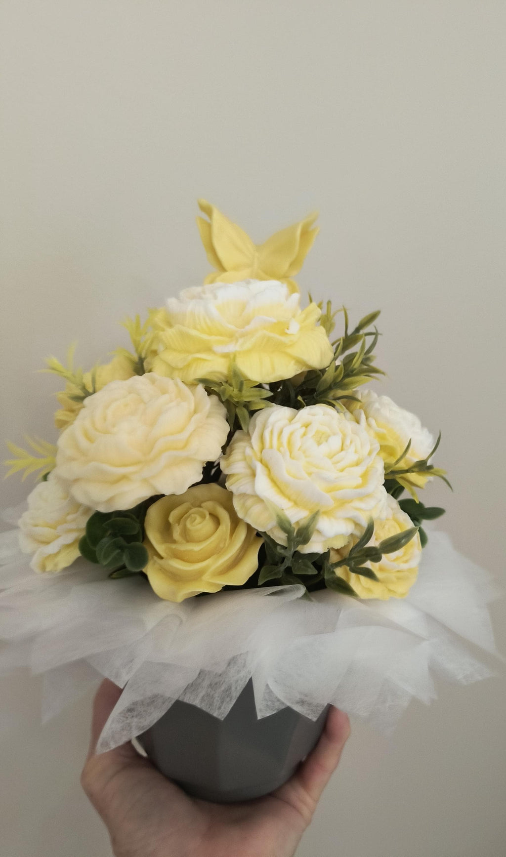 Yellow soap flower bouquet in porcelain Planter, Handmade Floral Arrangement Gift, Luxury Soap Bouquet, Decorative Soap Flowers, Gift for He