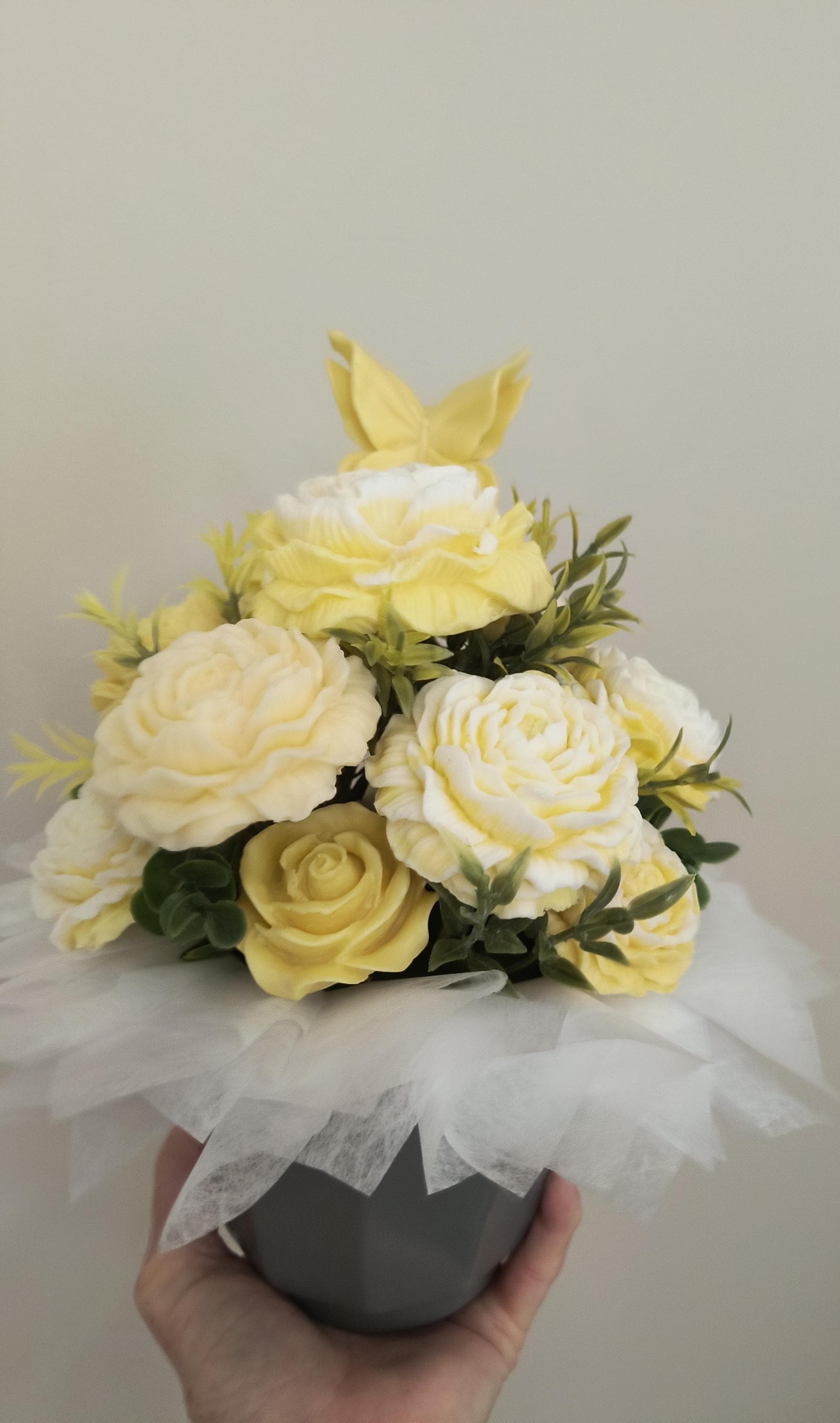 Yellow soap flower bouquet in porcelain Planter, Handmade Floral Arrangement Gift, Luxury Soap Bouquet, Decorative Soap Flowers, Gift for He