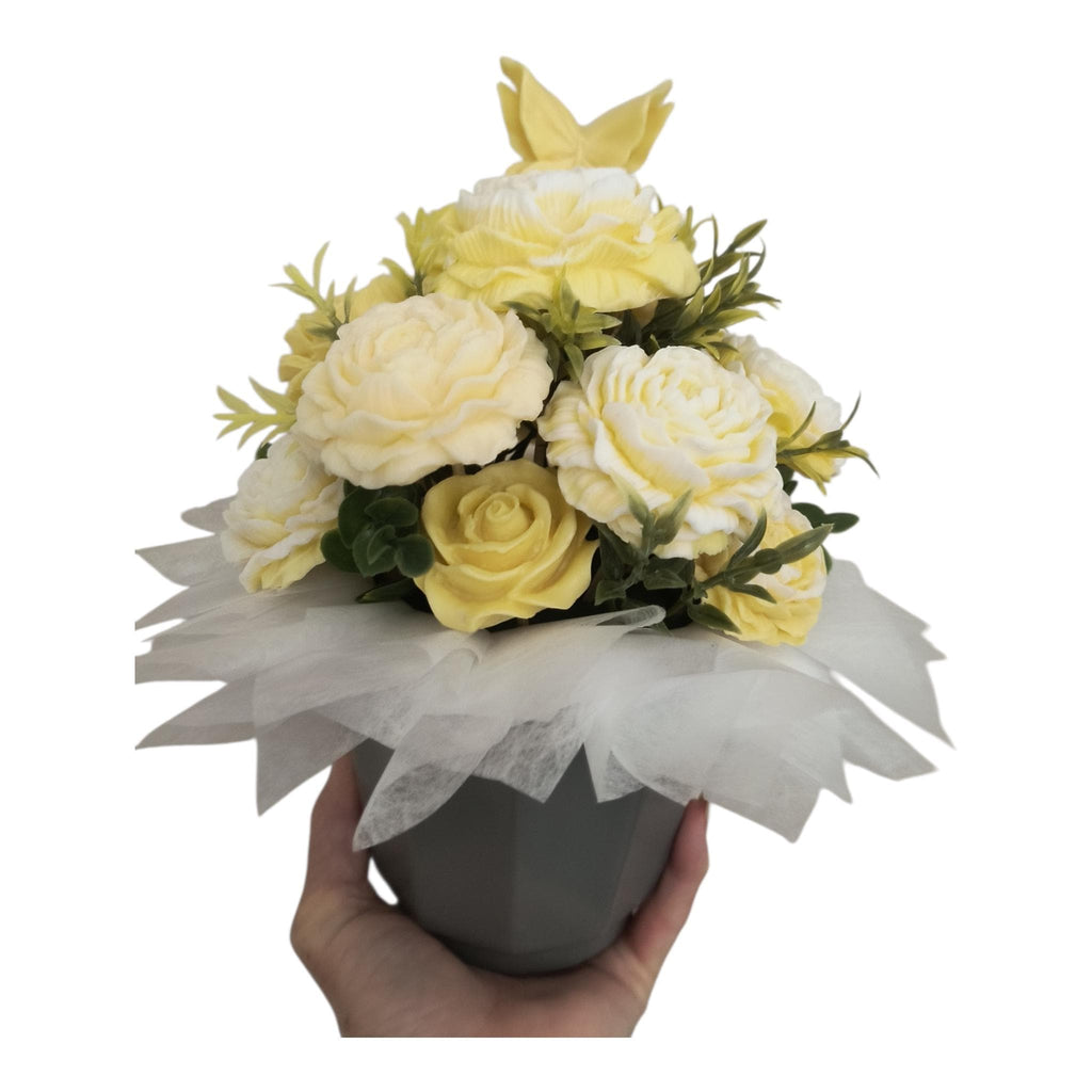 Yellow soap flower bouquet in porcelain Planter, Handmade Floral Arrangement Gift, Luxury Soap Bouquet, Decorative Soap Flowers, Gift for He