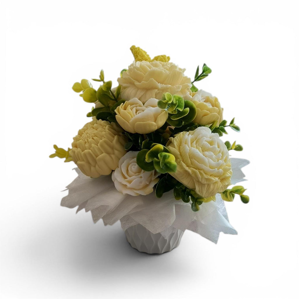 Yellow Soap Flower Bouquet, Handmade Floral Soap Gift, Yellow Rose Peony Soap Arrangement, Bathroom Soap Decor