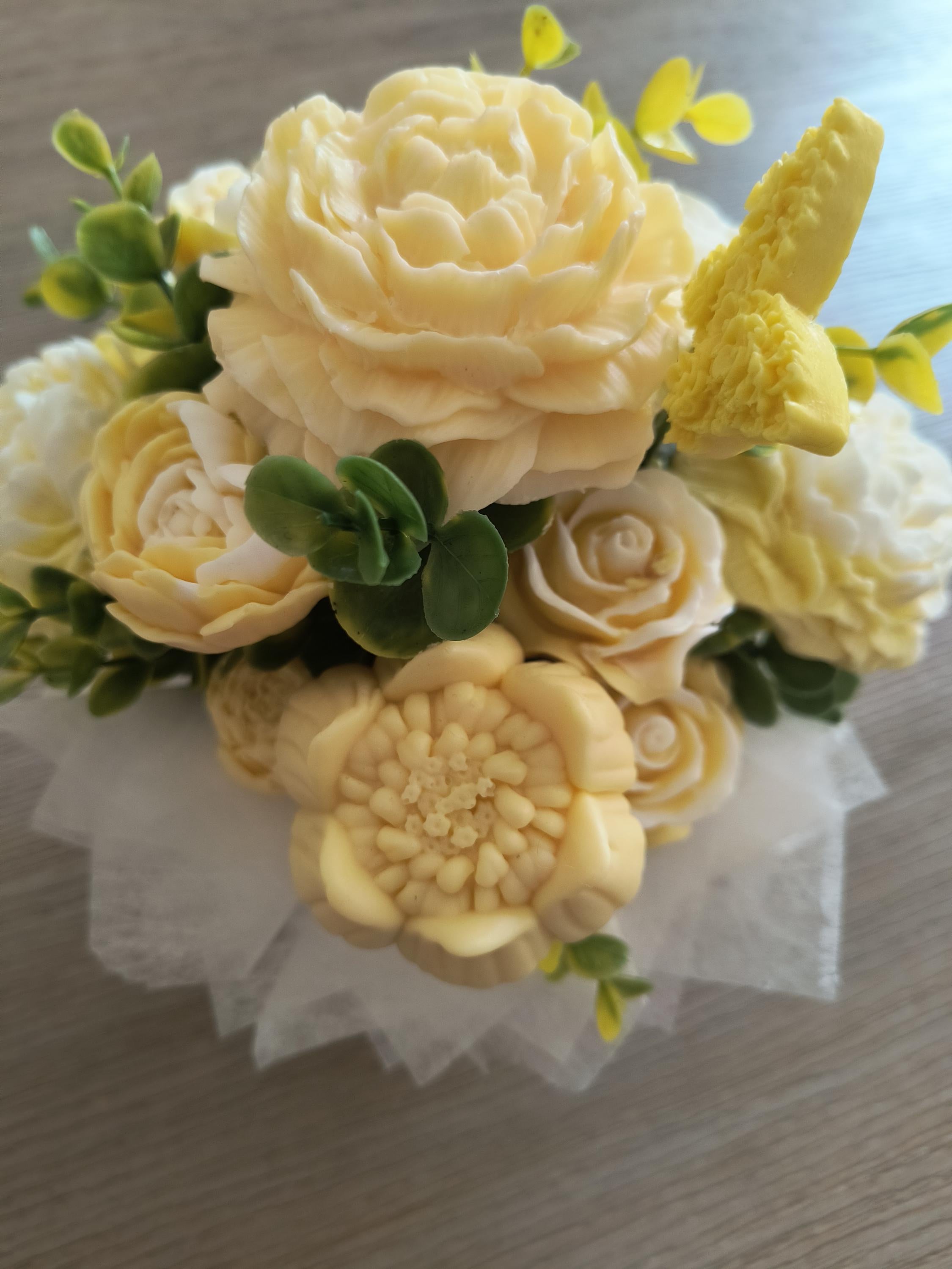 Yellow Soap Flower Bouquet, Handmade Floral Soap Gift, Yellow Rose Peony Soap Arrangement, Bathroom Soap Decor