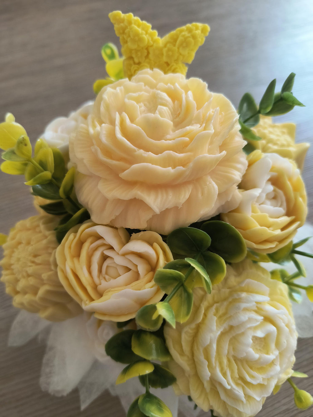 Yellow Soap Flower Bouquet, Handmade Floral Soap Gift, Yellow Rose Peony Soap Arrangement, Bathroom Soap Decor