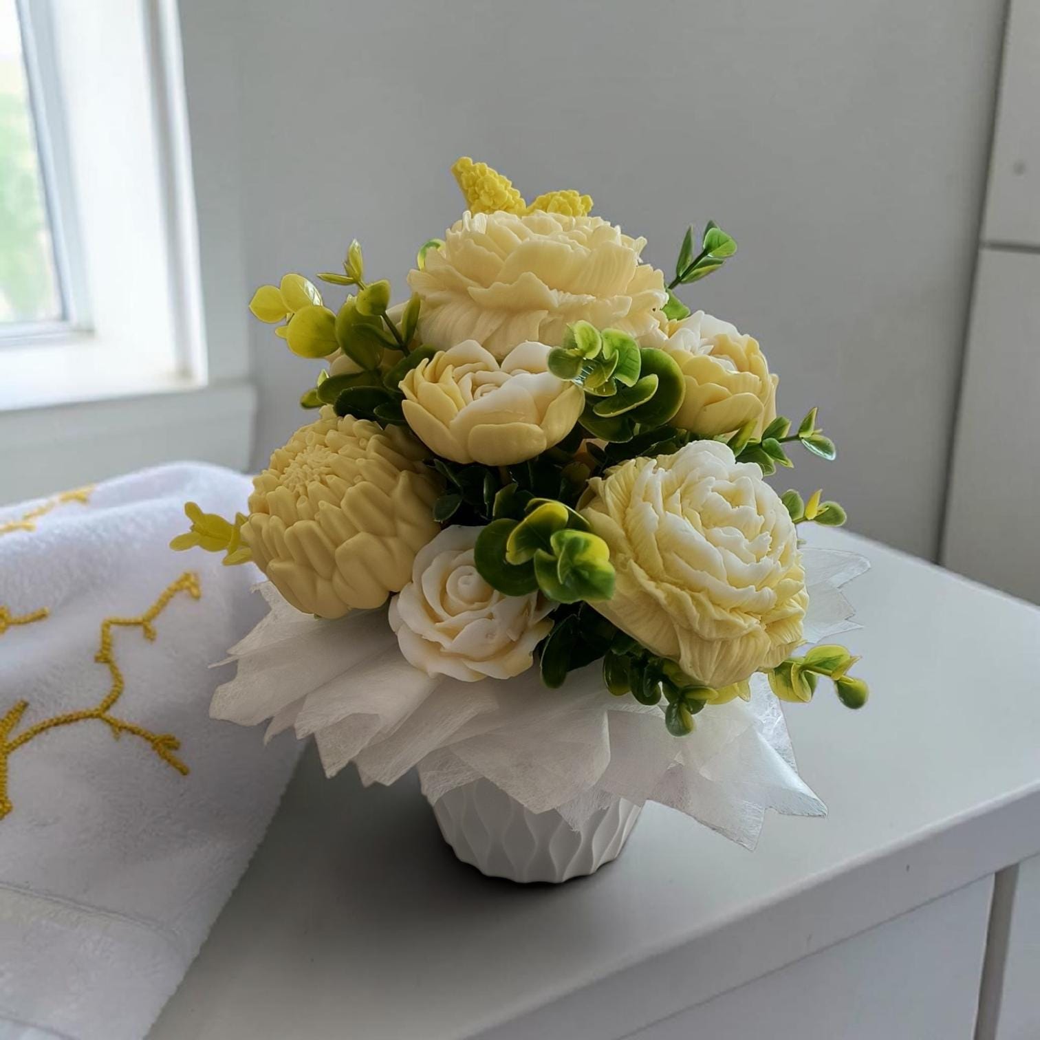 Yellow Soap Flower Bouquet, Handmade Floral Soap Gift, Yellow Rose Peony Soap Arrangement, Bathroom Soap Decor