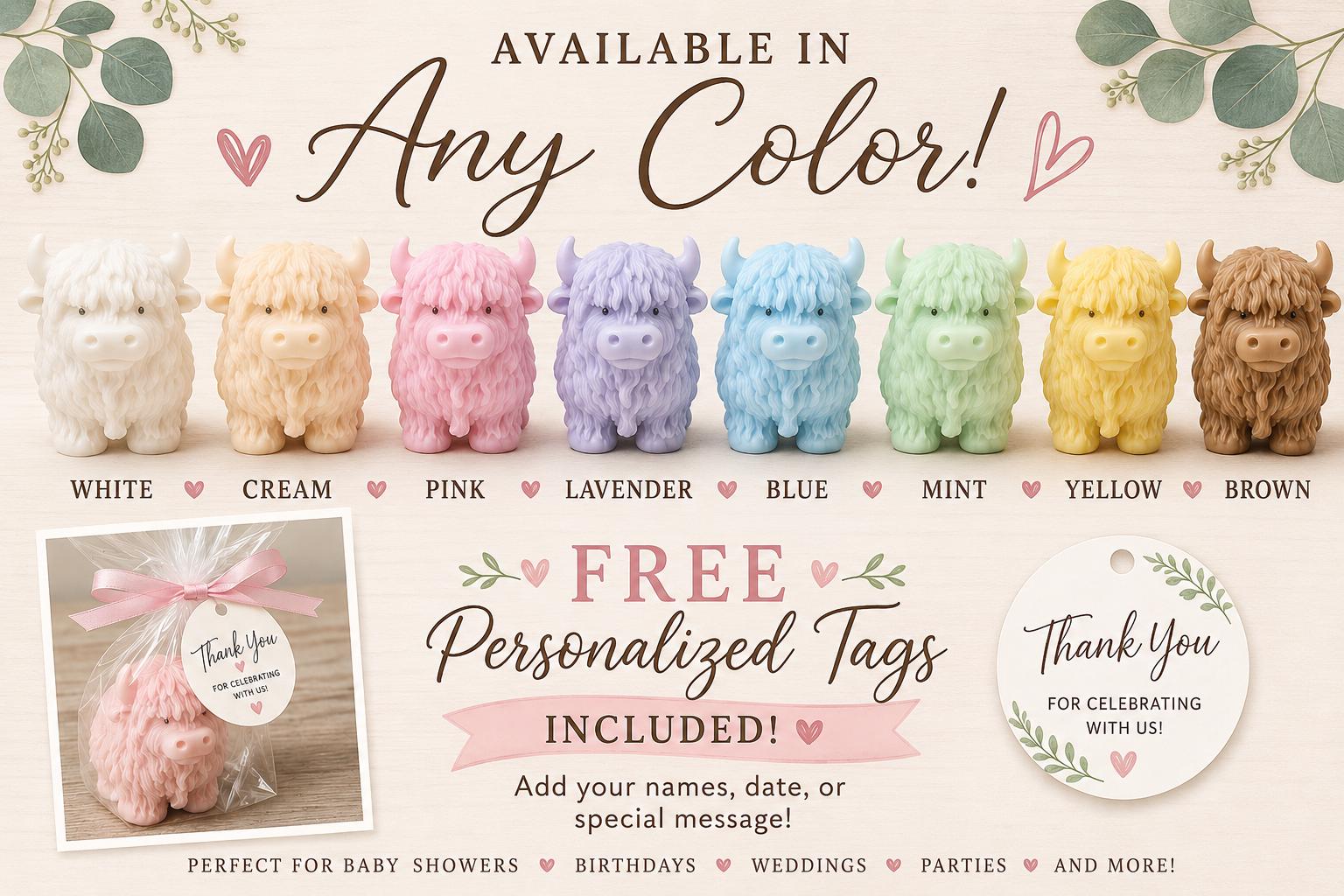 Highland Cow Soap Favor | Personalized Baby Shower Favor | Farm Animal Party Favor | Custom Color Soap Gift | Highland Cow Baby Shower