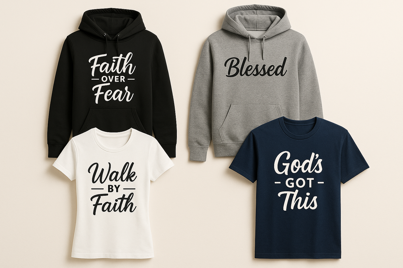 men and woman hoodies and t-shirts with christian motivational sayings